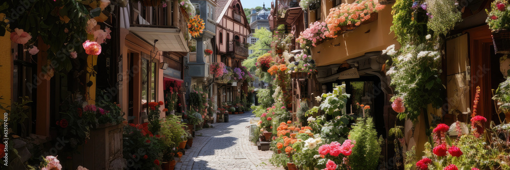 Beautiful roses bloom in vintage street , panorama