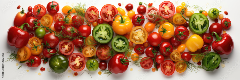 Sliced green yellow red Tomatoes mix with water drops, banner Sliced green yellow red Tomatoes mix with water drops, banner