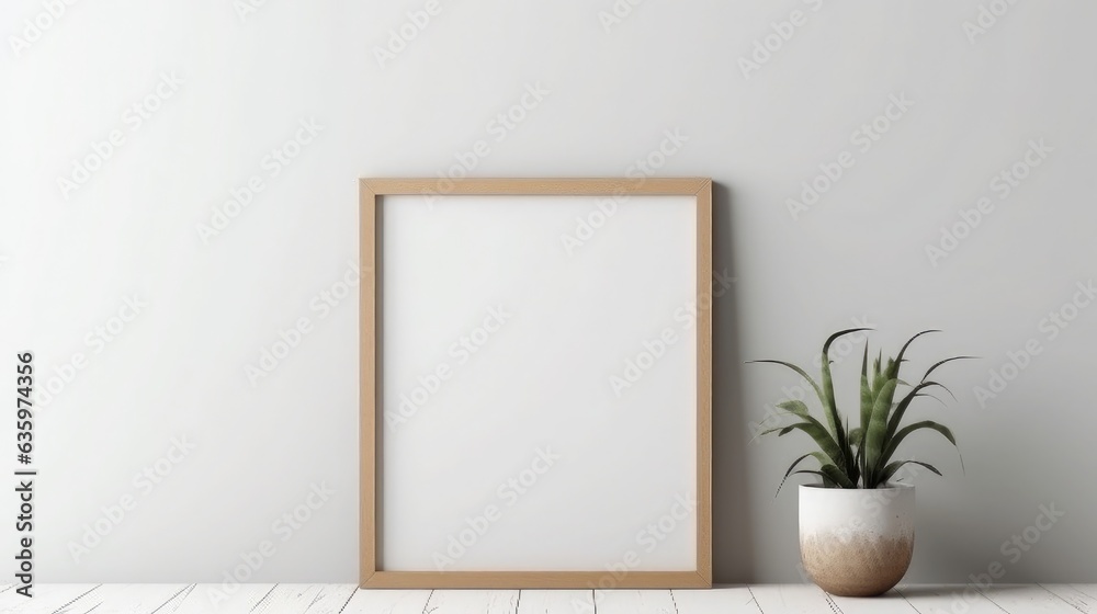 Modern interior of Empty wooden picture frame mockup hanging on wall background Modern interior of Empty wooden picture frame mockup hanging on wall background
