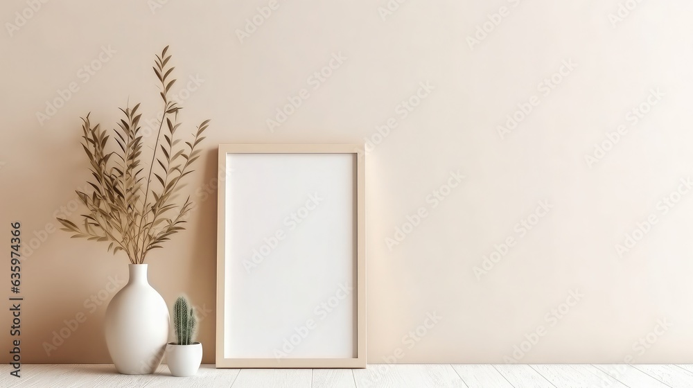Empty vertical picture frame mockup on wall background.