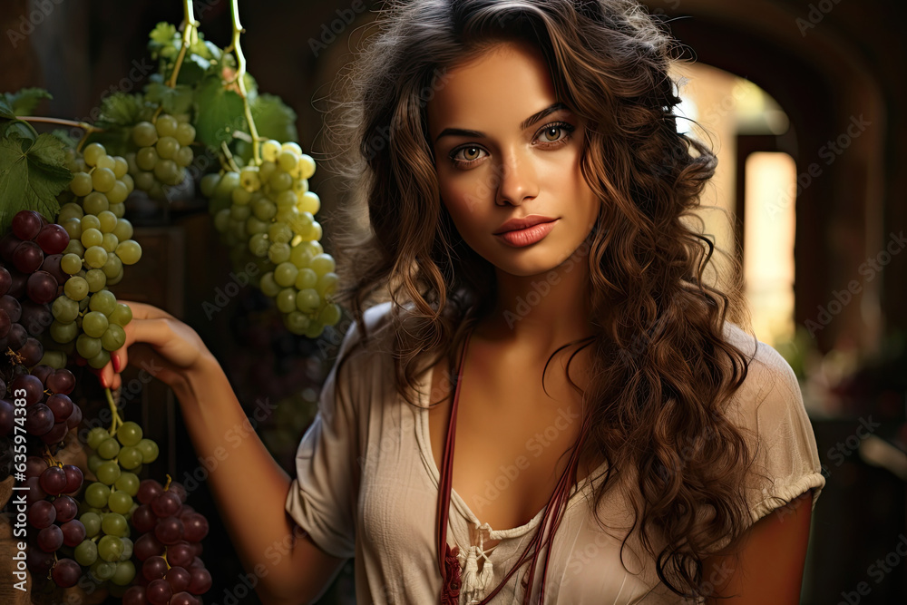 Brunette woman near wine grapes 