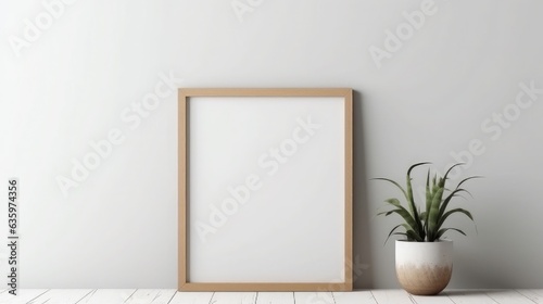 Modern interior of Empty wooden picture frame mockup hanging on wall background