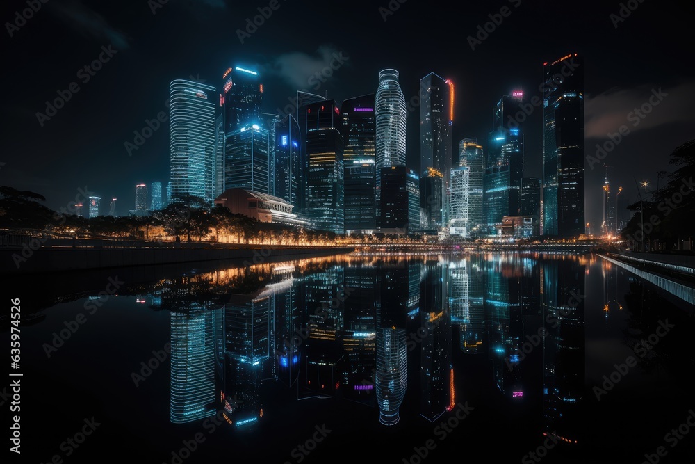 Night cityscape: skyscrapers, lights and reflective river., generative IA