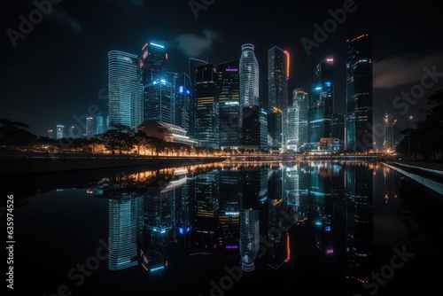 Night cityscape: skyscrapers, lights and reflective river., generative IA © JONATAS
