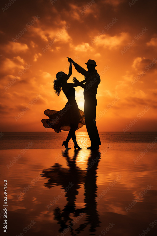Couples dance on the sunset. Peoples silhouettes. AI generated