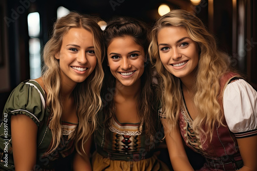 Three German girls in dirndl at Oktoberfest holiday