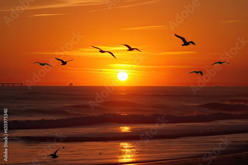 Golden sunset over the ocean, palm trees and seagulls in the spotlight., generative IA
