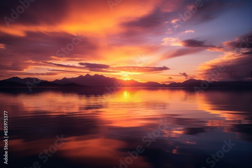 Majestic sunset over mountains and serene lake. Warm colors and golden reflections., generative IA