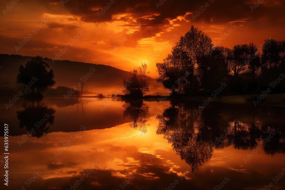 Serene sunset over lake and hills., generative IA