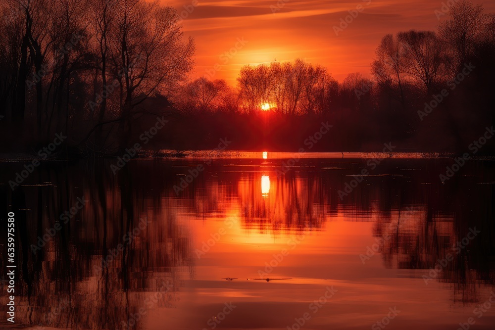 Setting sun paints sky and water in warm tones. Silhouettes of trees in the foreground., generative IA