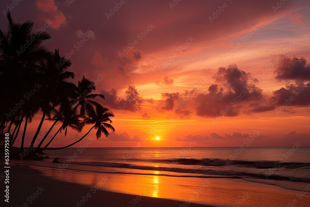 Sun sets over calm sea and palm trees, sky in warm tones., generative IA