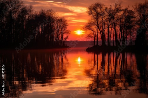 Sunset reflecting on serene lake, silhouettes of trees and sky in warm tones., generative IA © JONATAS