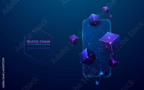 Blockchain digital technology. Abstract linked 3D blocks on technology blue smartphone background. Futuristic low poly wireframe cryptocurrency or metaverse concept. Polygonal cubes and phone.