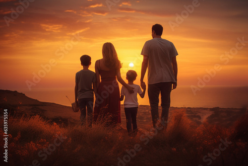Family on sunset back view. AI generated