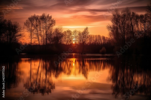 Setting sun paints sky and water in warm tones. Silhouettes of trees in the foreground., generative IA © JONATAS