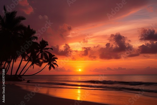 Sun sets over calm sea and palm trees  sky in warm tones.  generative IA