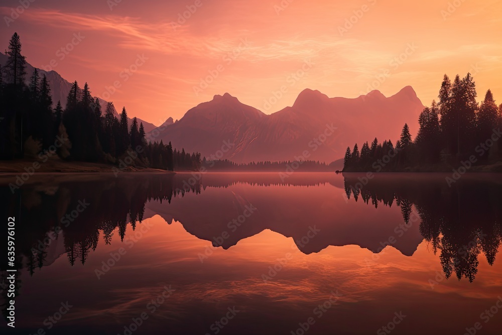 Peaceful dawn reflecting mountains and trees by a serene lake., generative IA
