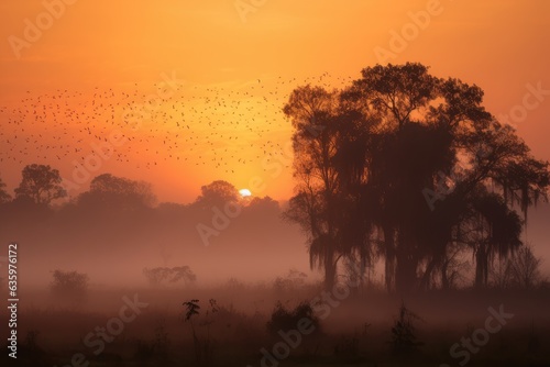 Serene dawn: golden sky, silhouetted trees, soft mist., generative IA © JONATAS