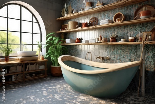 Stylish vintage bathroom interior design with marble panels