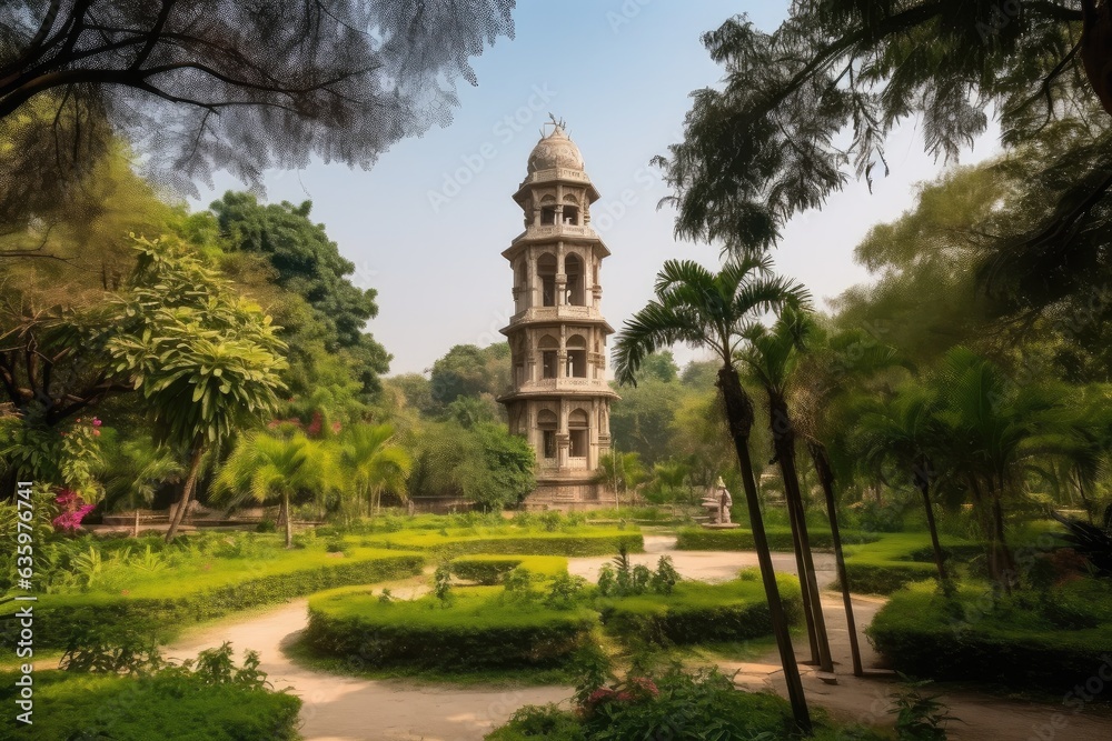 Iconic tower, bustling square and serene gardens intertwine harmoniously., generative IA
