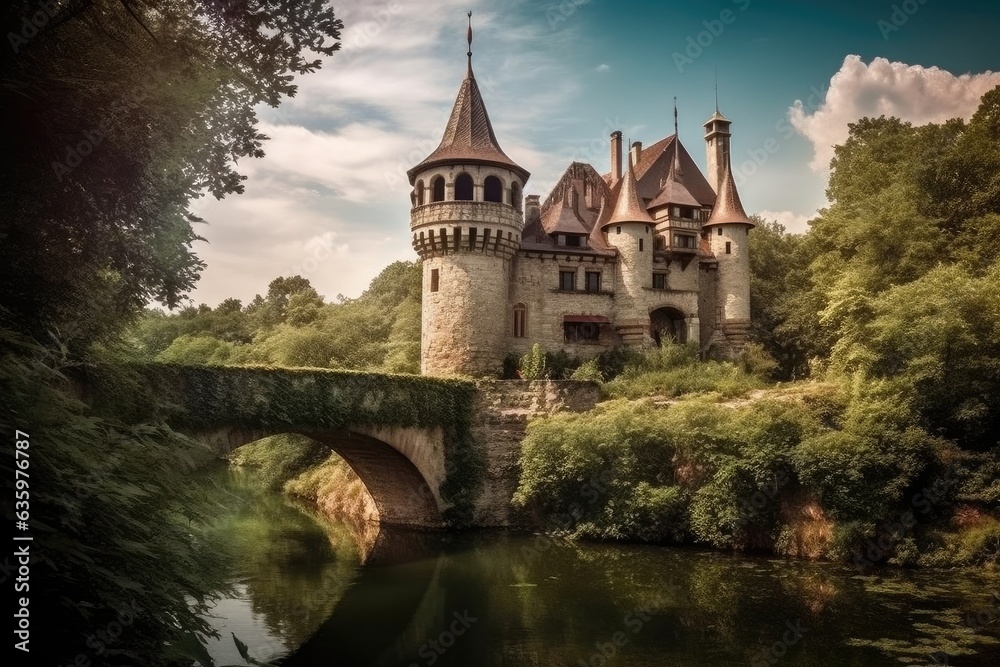 Ancient castle, serene lake, lush gardens and picturesque bridges., generative IA
