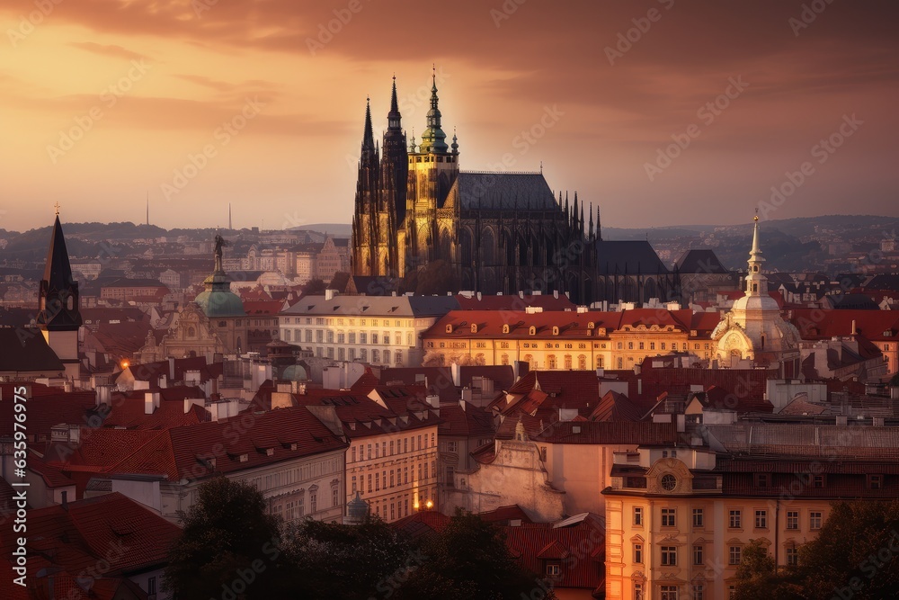 Vibrant cityscape with gothic cathedral, bustling market and historic castle at sunset., generative IA