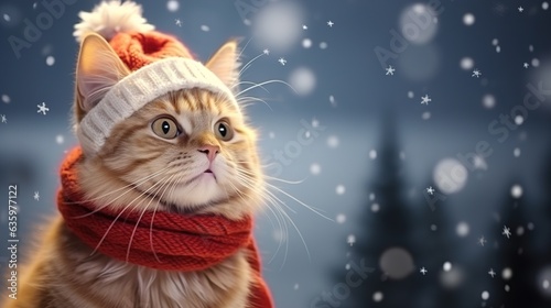 Cute red cat in a hat and scarf against the backdrop of a winter landscape. Copyspace, place for your text