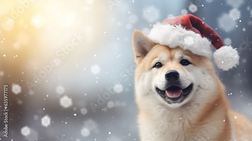 Happy dog in a santa hat on the background of a winter landscape. Banner. Copyspace, place for your text