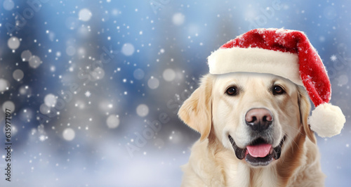 Happy dog in a santa hat on the background of a winter landscape. Banner. Copyspace, place for your text