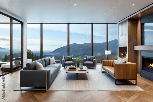 living room interior with glass walls