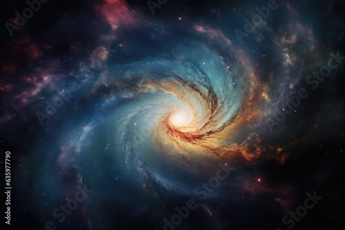 Spiral galaxy, dancing planets and nebulae in dazzling cosmic scene., generative IA