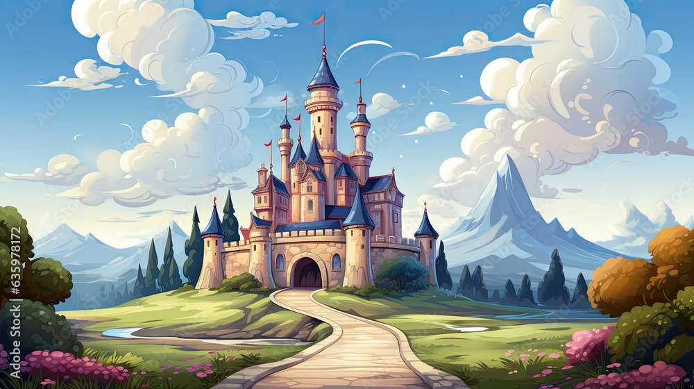 Castle in the mountains. Fairy tale landscape. Cartoon vector illustration. - obrazy, fototapety, plakaty 