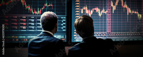 Back view of traders analyzing graphs and charts on computer screens