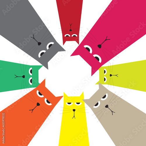Obraz na płótnie Group of unhappy angry grumpy bright colorful red orange yellow brown gray angry cats in circle, expecting foot for too long time, terrible expression
w salonie