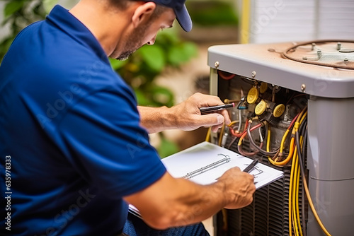 Efficient HVAC technician thoroughly inspecting a home air conditioning unit, holding clipboard in cool color indoor setting. Exudes professional technical ambiance. 
