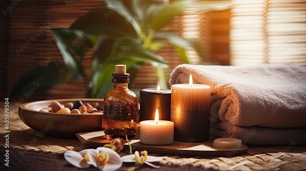 Beautiful spa treatment composition such as Towels, candles, essential oils, Massage Stones on light wooden background. blur living room, natural creams and moisturising Healthy lifestyle, body care Beautiful spa treatment composition such as Towels, candles, essential oils, Massage Stones on light wooden background. blur living room, natural creams and moisturising Healthy lifestyle, body care