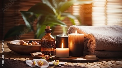 Beautiful spa treatment composition such as Towels, candles, essential oils, Massage Stones on light wooden background. blur living room, natural creams and moisturising Healthy lifestyle, body care