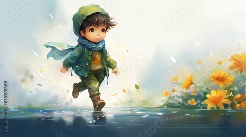  a boy in a raincoat is walking in the rain. generative ai
