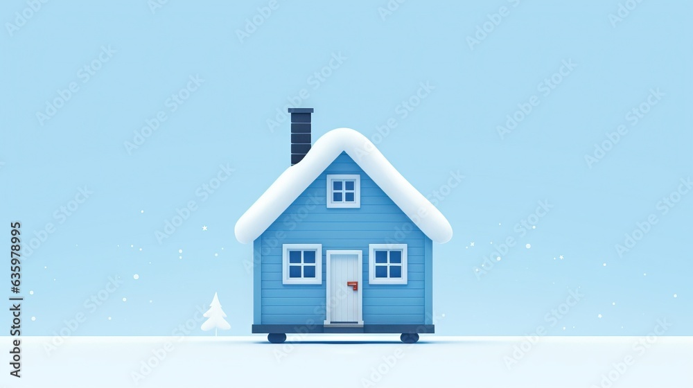  a small blue house with a chimney and snow on the ground.  generative ai