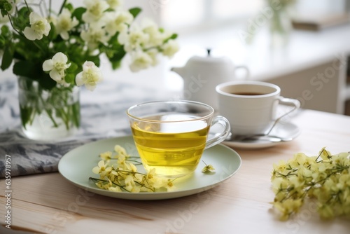 Moringa tea on the table in a bright cozy kitchen, leaves, moringa flowers