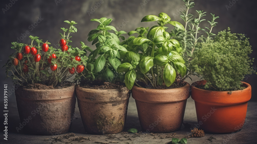 Fresh garden herbs in pots. 