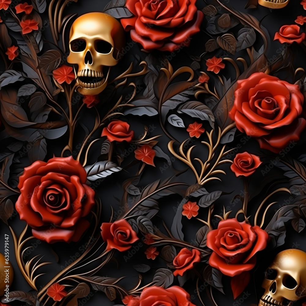 3D seamless pattern, skulls and roses. Halloween pattern wrap background. High quality photo 3D seamless pattern, skulls and roses. Halloween pattern wrap background. High quality photo