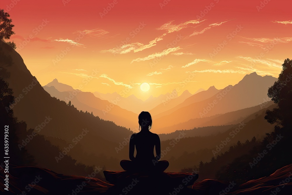 Meditation at Dawn with Mountain Backdrop - Serene Silhouette