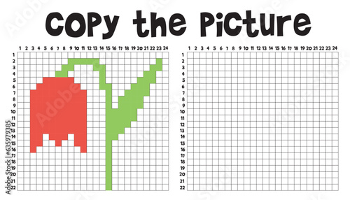 Copy the picture. Repeat the cell pattern. Draw by square Tulip. Matching game. Educational game for children. Attention task. Logic game. Visual game. Funny cartoon character. Vector illustration