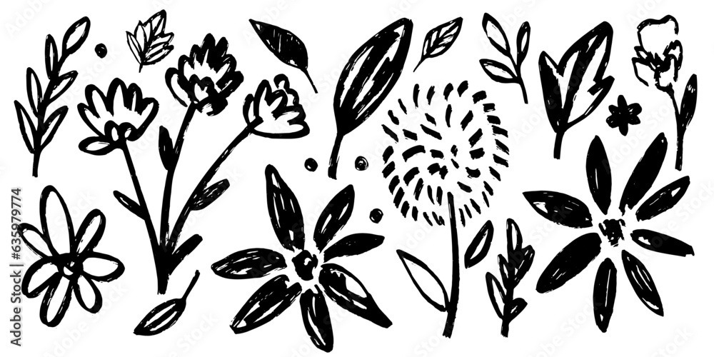 Set of flowers, leaves, floral stems. Primitive wild plants drawing with grunge brush. Black and white botanical elements. Vector illustration. Simple style plants