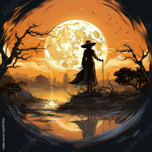 Halloween background silhouette of a witch in the night