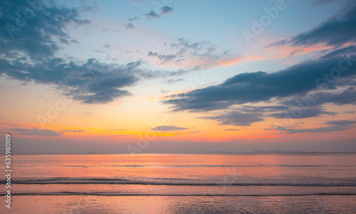 Colorful of clouds and sky at sunset. Dramatic sky. Landscape view of sea in twilight. Seascape of krabi island in thailand.