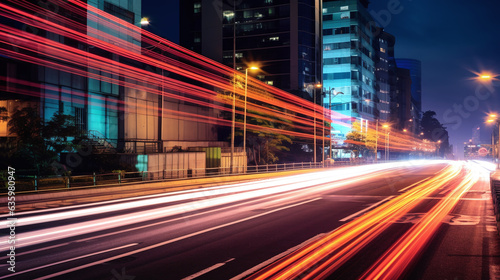 Speed car lights in motion. Night city road lights. Luminous car trails in dynamic long exposure.