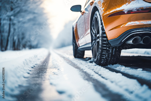 Car on a frosty and snowy road. Generative AI. © julijadmi