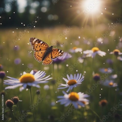 Harmony of Nature: A Breathtaking Field Bursting with Vibrant Flowers and Majestic Butterflies Dancing in the Breeze